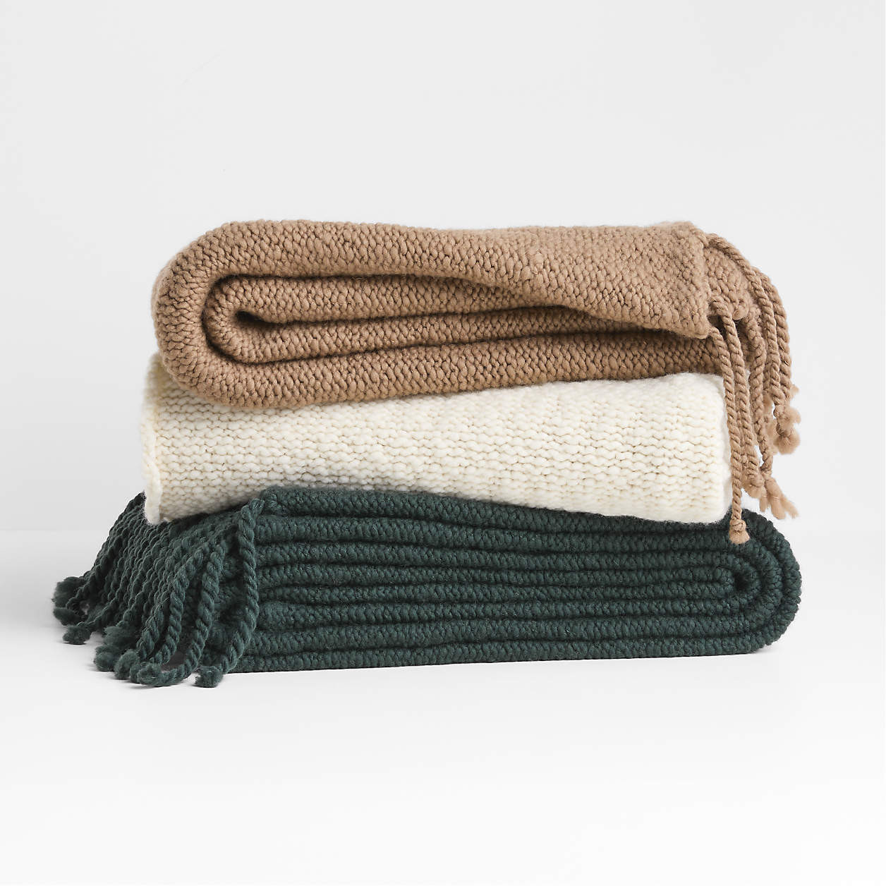 Chunky Wool Fringe Knit 70"x55" Camel Tan Throw Blanket | Crate & Barrel | Crate & Barrel