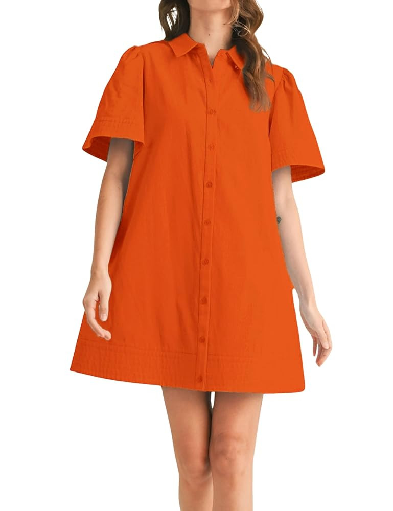 Womens Short Sleeve Button Down Mini Shirt Dress Lapel Collar Short Dresses with Pocket | Amazon (US)