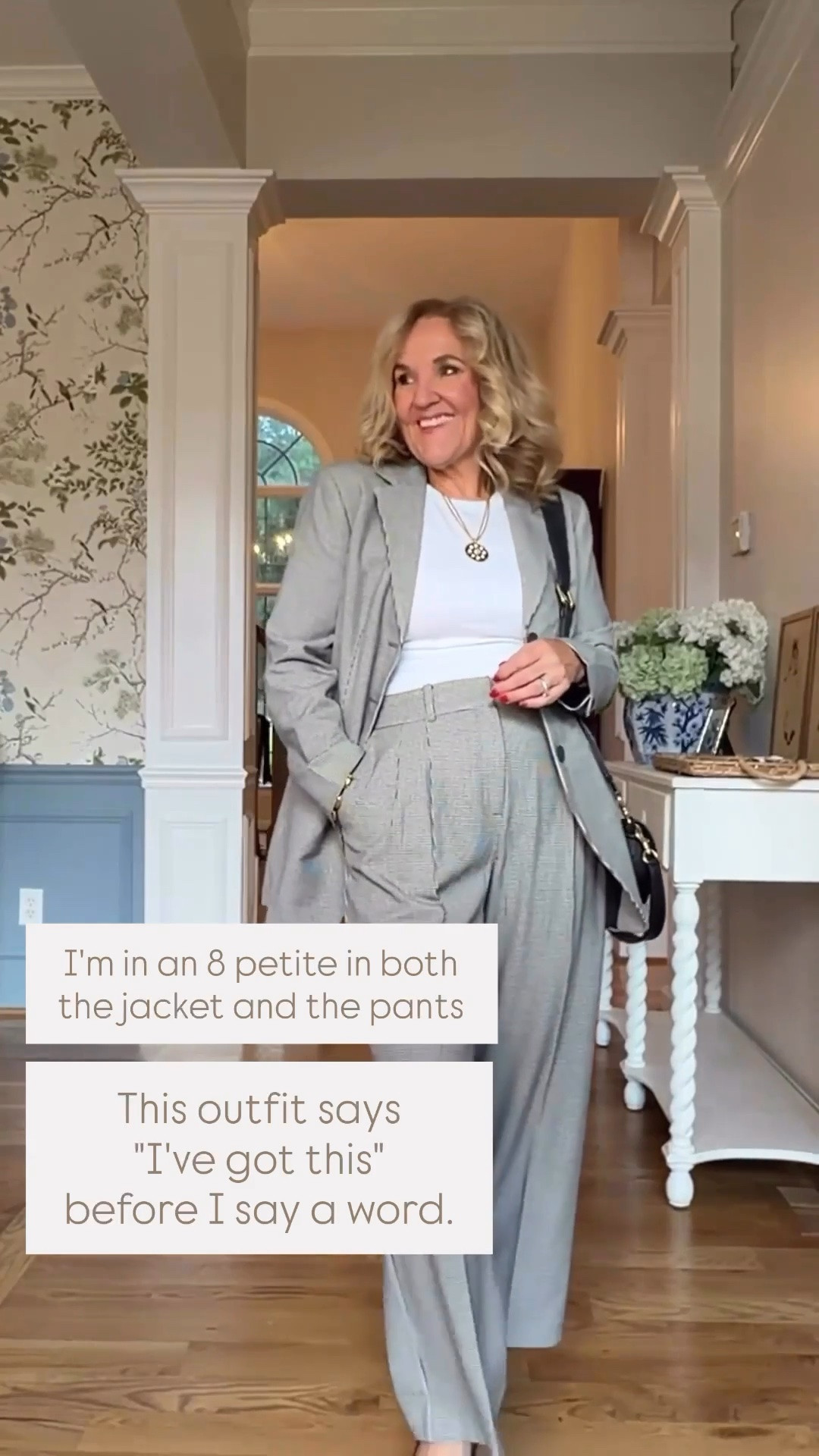 This light gray suit is polished, flattering, and ready for anything on your calendar. The tailored blazer and wide-leg pants create a confident look that's just as perfect for the office as it is for meetings, events, or dinner. Wearing a petite 8 in both the jacket and pants.

💡 LTK MADE EASY
❤️ Heart = Support my posts!
🔖 Save = Get sale & restock alerts
📋 Lists = Keep favorites organized
📲 Share = Send lists and products to a friend. Hello, Christmas List!
💬 Comment = Ask me anything about what I'm wearing.:-)

#LTKootd #LTKOver40 #LTKWorkwear