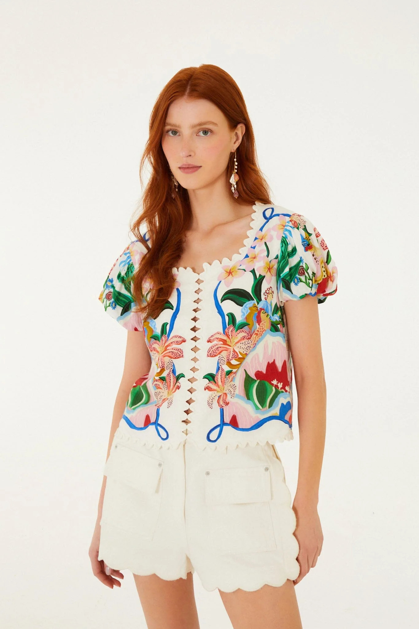 Off-White Garden Of Life Scarf Scalloped Blouse | FARM Rio | FarmRio (US)