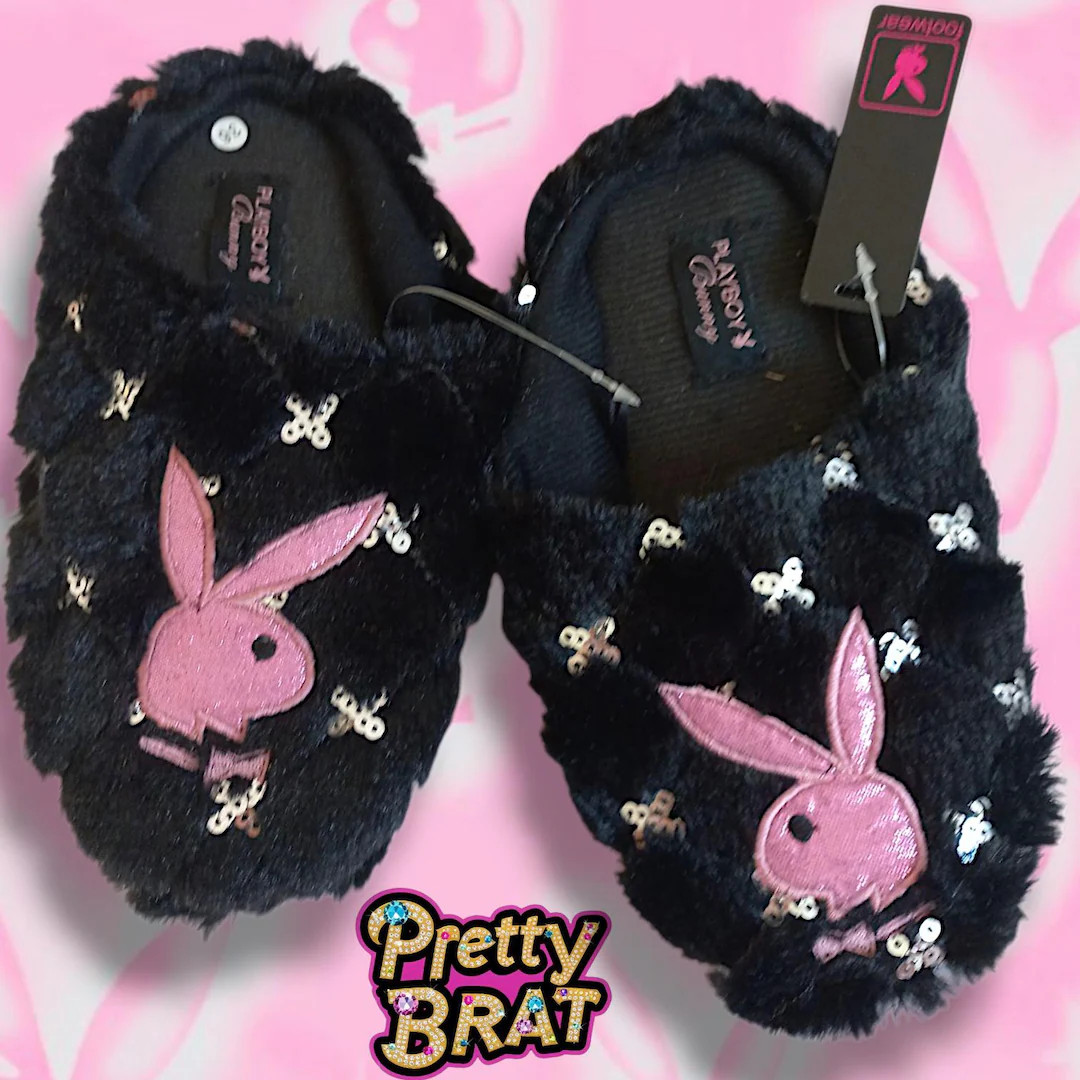 2000 Vintage Playboy Slippers Y2K Size 36 • Black Faux Fur Glitter Bunny Logo • Mcbling Coque... | Etsy (US)