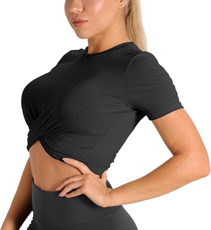icyzone Workout Crop Tops for Women, Twist Front Yoga Athletic Short Sleeves, Gym Running T-Shirt... | Amazon (US)