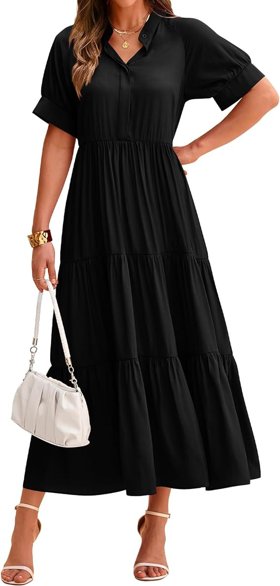 dowerme Women's Summer Dresses 2024 Casual Short Sleeve Button Loose Fit Pleated Boho Flowy Swing... | Amazon (US)