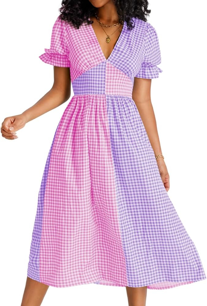 Kaei&Shi Color Block Gingham Dress,V Neck Puff Sleeve Midi Dresses,Cottagecore Vacation Summer Be... | Amazon (US)