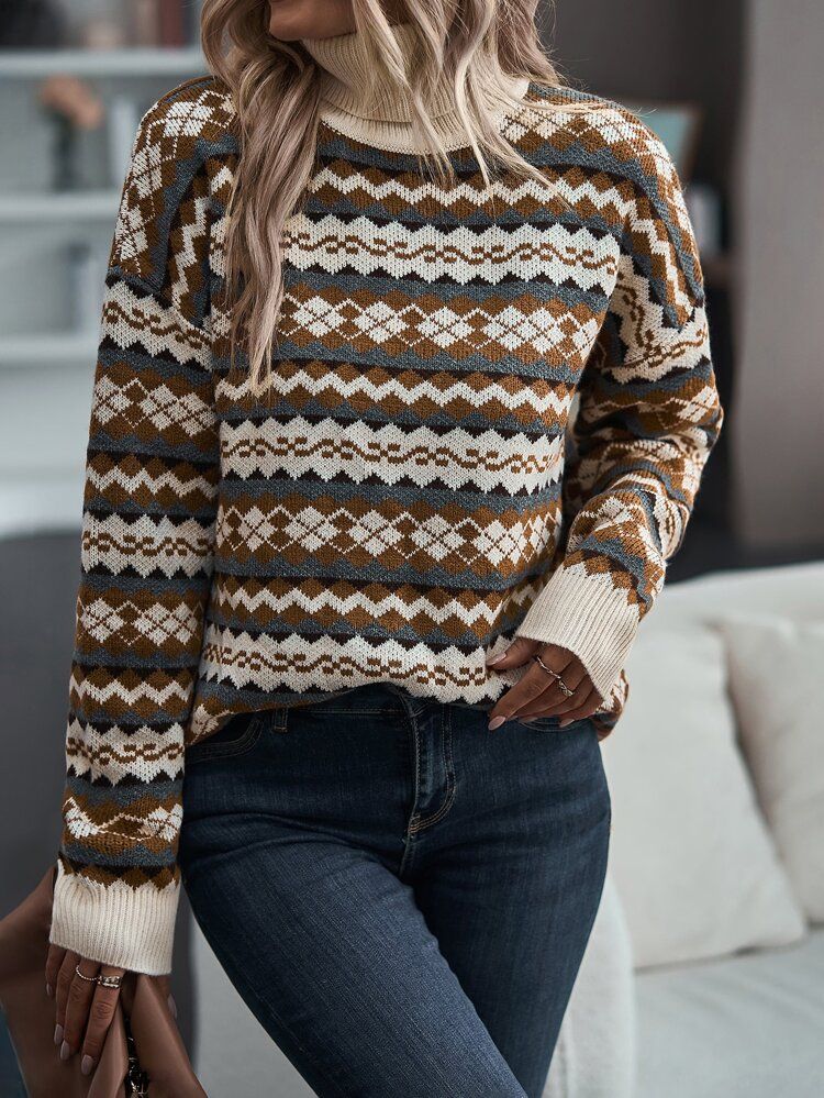 Chevron And Argyle Pattern Drop Shoulder Sweater | SHEIN