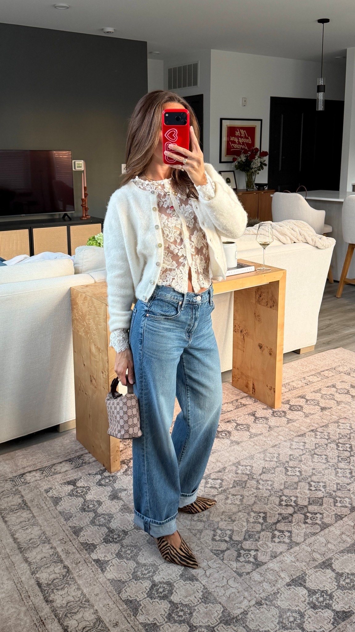 Wore to dinner! XS in lace top, small cardigan, 25 petite jeans. My sweater is the Vitow cardigan from American vintage but Jcrew one is the same fit/shape!