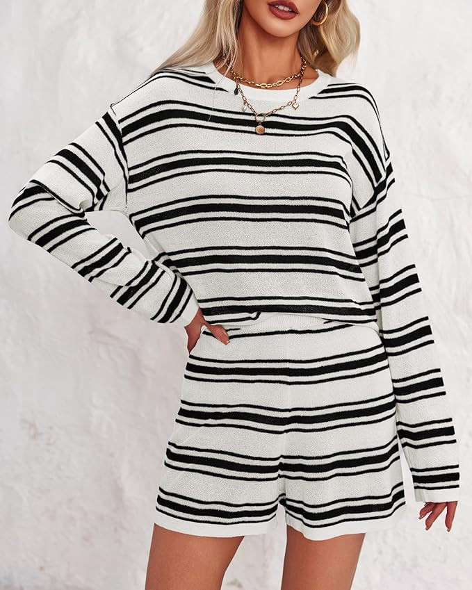 Langwyqu Womens Striped Pajama Sets Long Sleeve Crewneck Sweater Top and Shorts 2 Piece Outfits L... | Amazon (US)