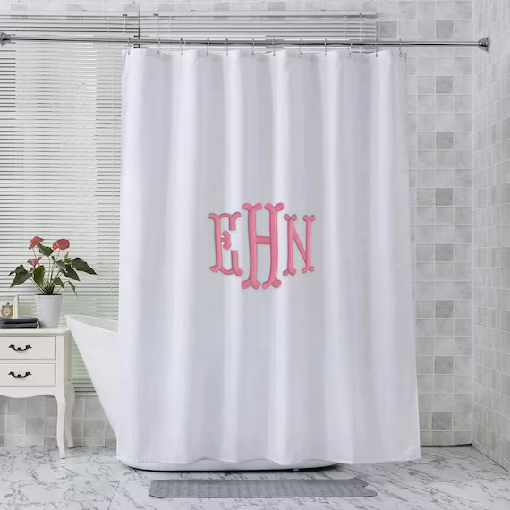 Embroidered Monogrammed Fabric Shower Curtain White Polyester | Etsy | Etsy (US)