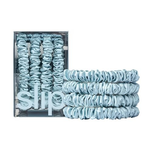 Slip Silk Hair Ties — Skinny Silk Sky Blue Scrunchies, No Damage, No Crease, Anti-Breakage |100% Mulberry Silk | All Hair Types | Made with Proprietary Slipsilk™ | Set of 4 | Amazon (US)