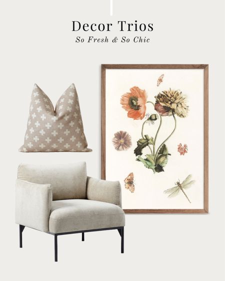 Decor trio- Neutrals with a pop of color.
-
Etsy - West Elm - neutral Swiss cross throw pillow - neutral beige armchair - vintage floral art - affordable wall art - living room decor - bedroom nook decor - transitional design 

#LTKhome #LTKunder100