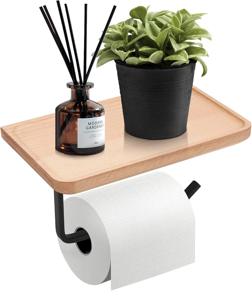 Toilet Paper Holder with Shelf,Wooden Wall Mount Tissue Paper Roll Holder with Screw - Bathroom A... | Amazon (US)