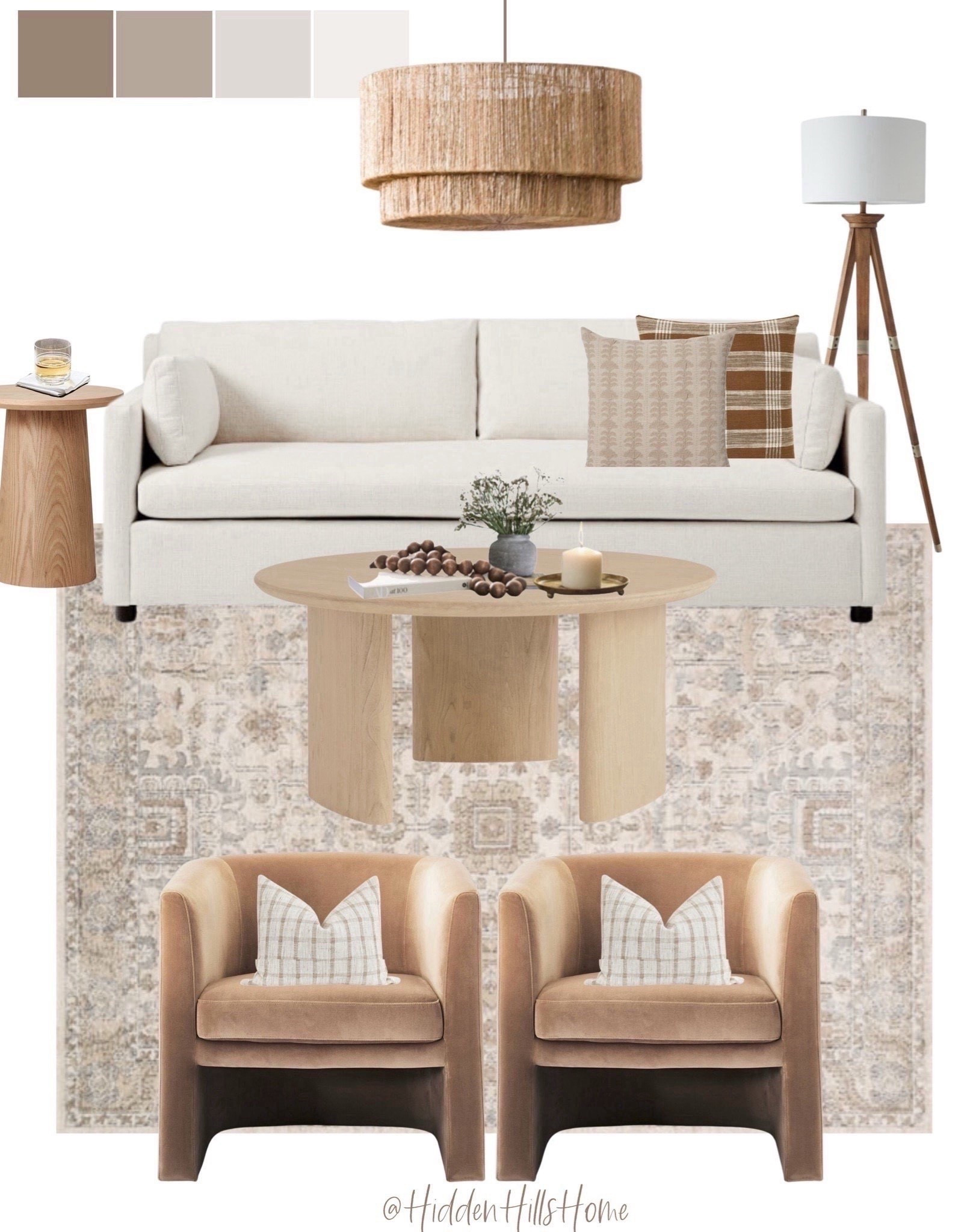 Living room decor ideas, coffee table, living room mood board, home decor, rug, accent chair, cozy home design #livingroom