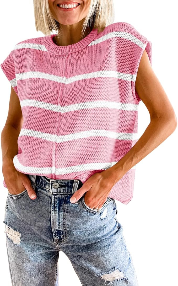 Saodimallsu Womens Cap Sleeve Tank Tops Striped Crew Neck Casual Loose Fit Spring Summer Pullover... | Amazon (US)