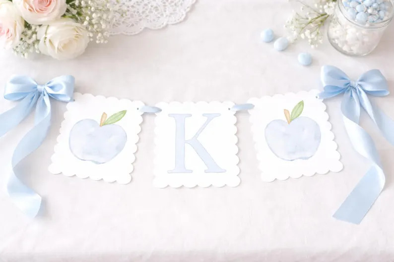 First Day of Kindergarten Banner, Apple Back to School Banner, Blue Watercolor Classroom Decor, F... | Etsy (Global)