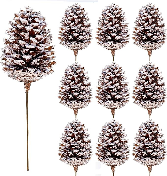 10 Pieces Large Christmas Pine Cones Decorations Picks - Frosted Snow Pine Cones for Christmas Tr... | Amazon (US)