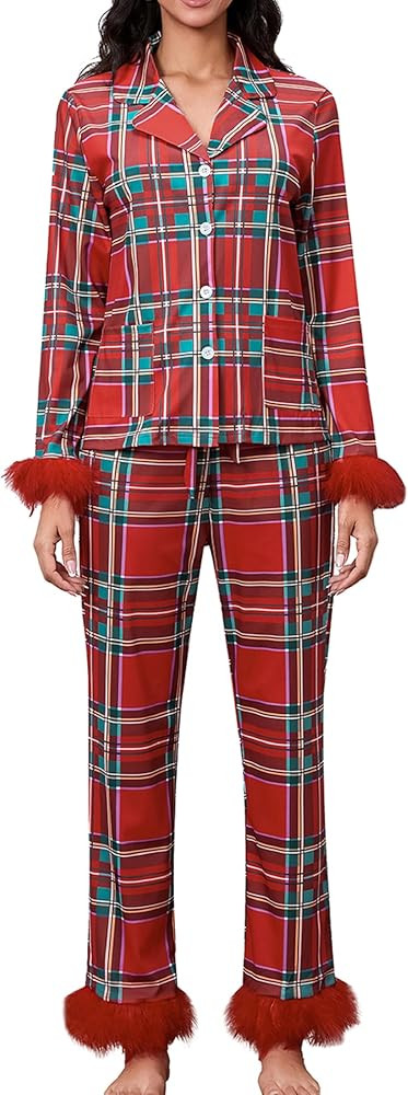 KMBANGI Women Feather Trim Pajama Set Long Sleeve Button Up Top Pants 2Piece Lounge Set Satin Pj ... | Amazon (US)