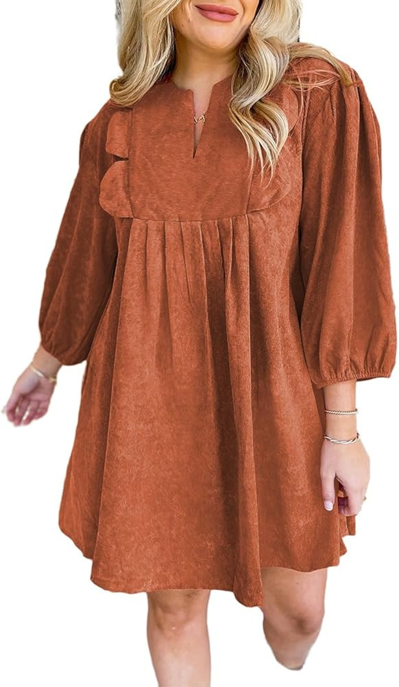 Apvirdy Women's Split Neck 3/4 Sleeve Mini Dress Scallop Detail Pleated Corduroy Dress Solid Colo... | Amazon (US)
