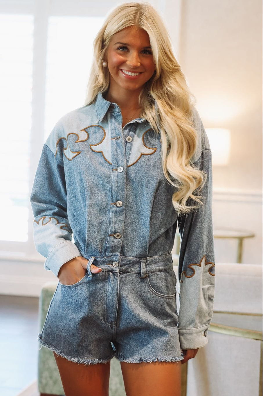 Saddle Stitch Denim  Romper - Denim | Hazel and Olive