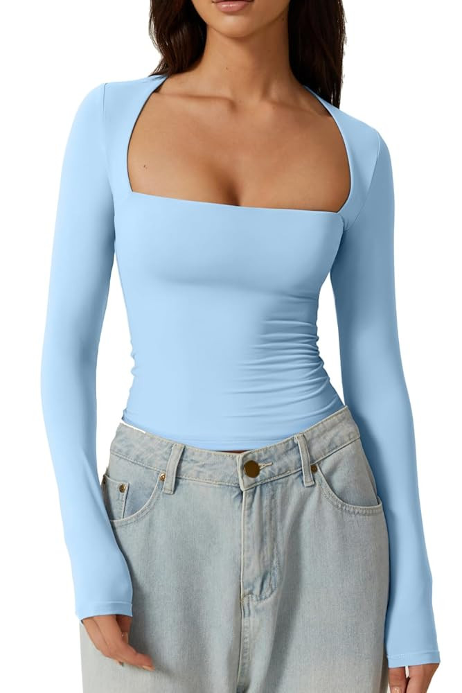 QINSEN Camisa sexy de cuello cuadrado para mujer, de manga larga, con doble forro, ajustada, para... | Amazon (US)