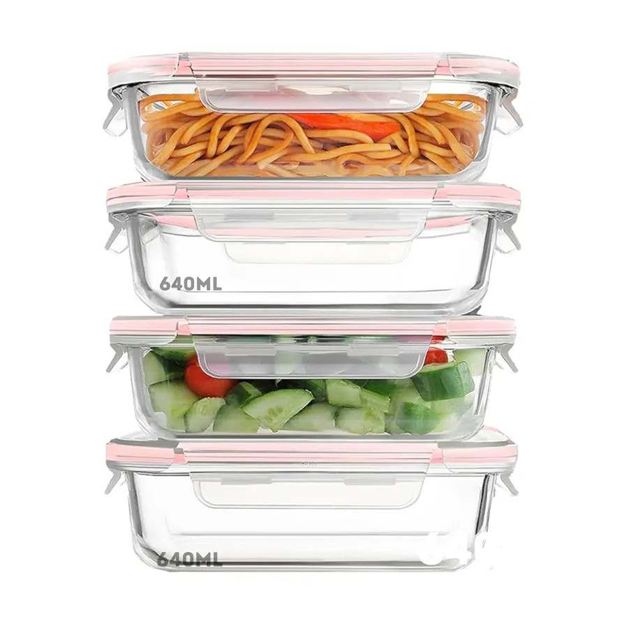 KIT 4 Potes de Vidro Retangular com Tampa Hermética 640ml (Transparente) | Amazon (BR)