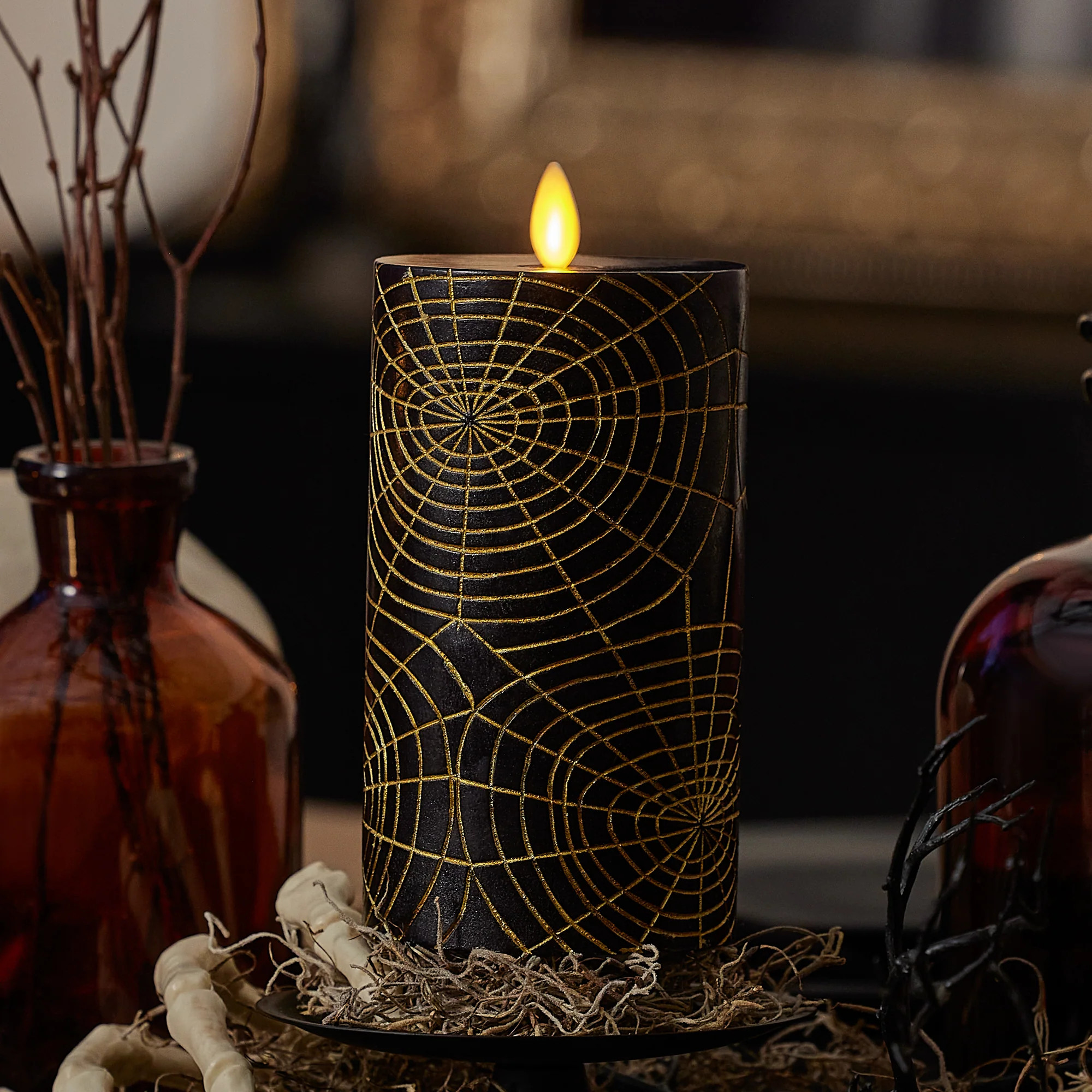 Black and Gold Spider Web Flameless Candle Pillar | Luminara