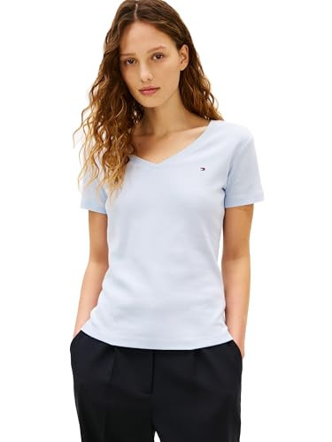 Tommy Hilfiger Women's Ribbed Slim V-Neck T-Shirt, Breezy Blue X-Large | Amazon (US)