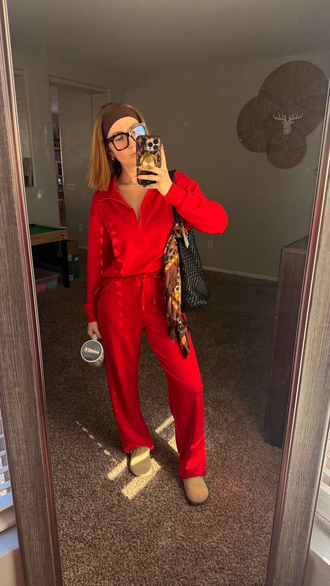 •Red matching activewear/longe set: Pinspark on Amazon size Small Tall, runs on the shorter side (but I’m also wearing it high waisted and the sleeves are a little baggy)
•Mule clogs: tts (sold out so linked similar)
•Black woven leather bag designer look for less: Amazon
•headbands: soft cotton multipack on Amazon 
•Blue light blockers: tortoise shell for small heads/ faces 
•Gold earrings and necklaces: hypoallergenic 
•Plaid cup: Hydrojug 30oz (so much easier to carry than the 40oz)
•

#LTKootd #LTKPetite #LTKHoliday