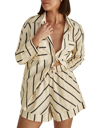 Tankaneo Womens Striped 2 Piece Outfits Button Down Shirts and Shorts Lounge Matching Sets Beige | Amazon (US)