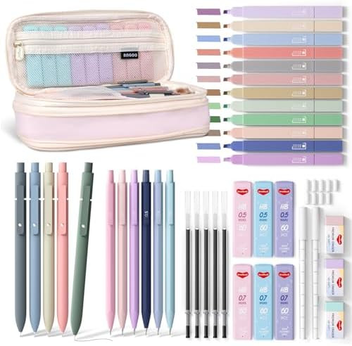 40PCS Aesthetic School Supplies with Cute Pen Case, 12 Color Pastel Highlighters, 5 Black Ink Gel... | Amazon (US)