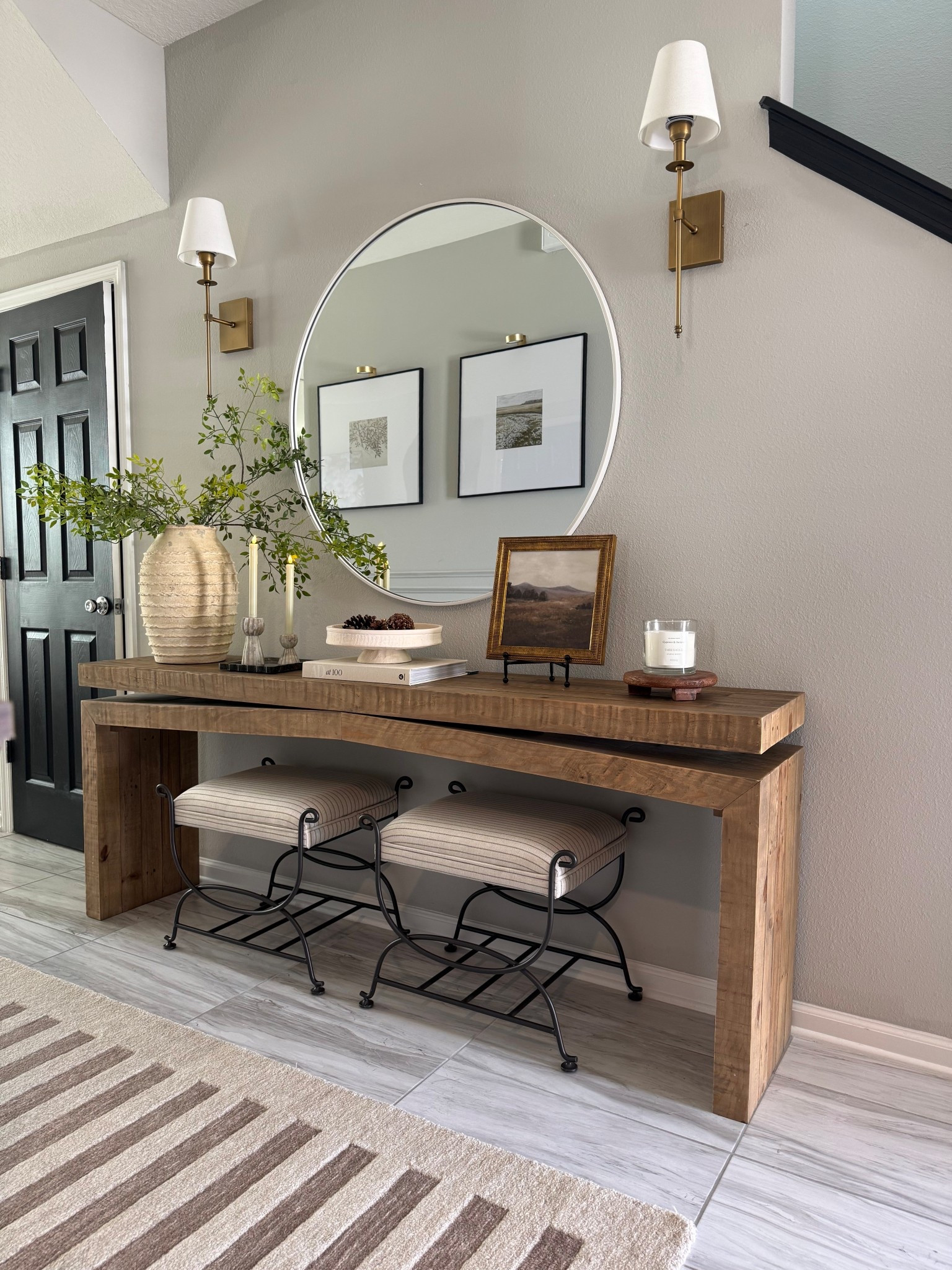 Console table styling ft some of my favorite Amazon stems 🍃 

Console table styling, faux stems, studio McGee home decor, ottomans, designer inspired home finds 

#LTKSeasonal #LTKHome