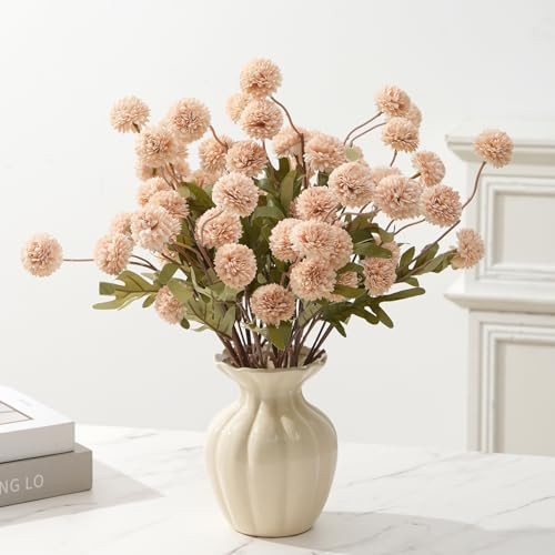 trytuny Fake Fall Flowers for Vase, Faux Silk Kiku Mums, Artificial Pom pom Floral Bouquets Indoor Centerpiece Office Coffee Table Boho Home Decorations (9, Khaki) | Amazon (US)