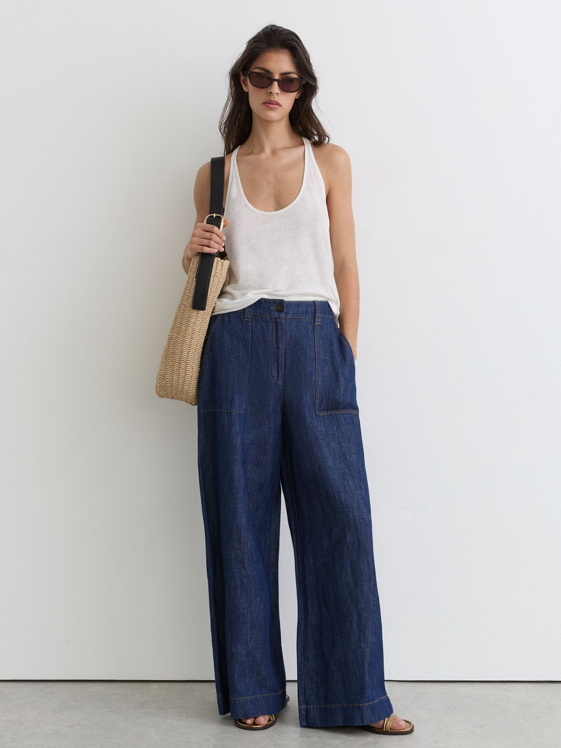 Reiss Linen Wide-Leg Trousers in Indigo - REISS | Reiss UK