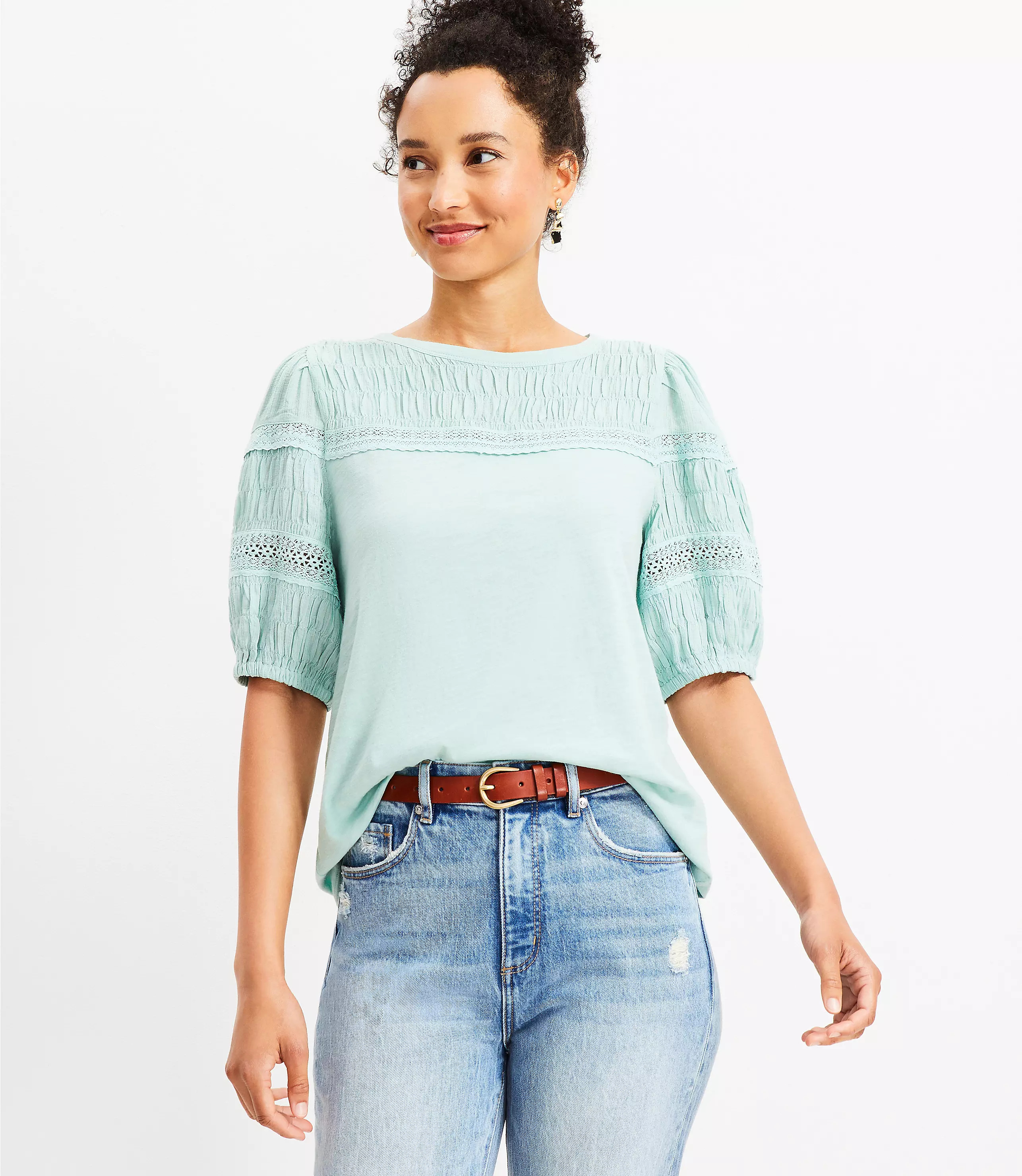 Lace Trim Shirred Bib Top | LOFT