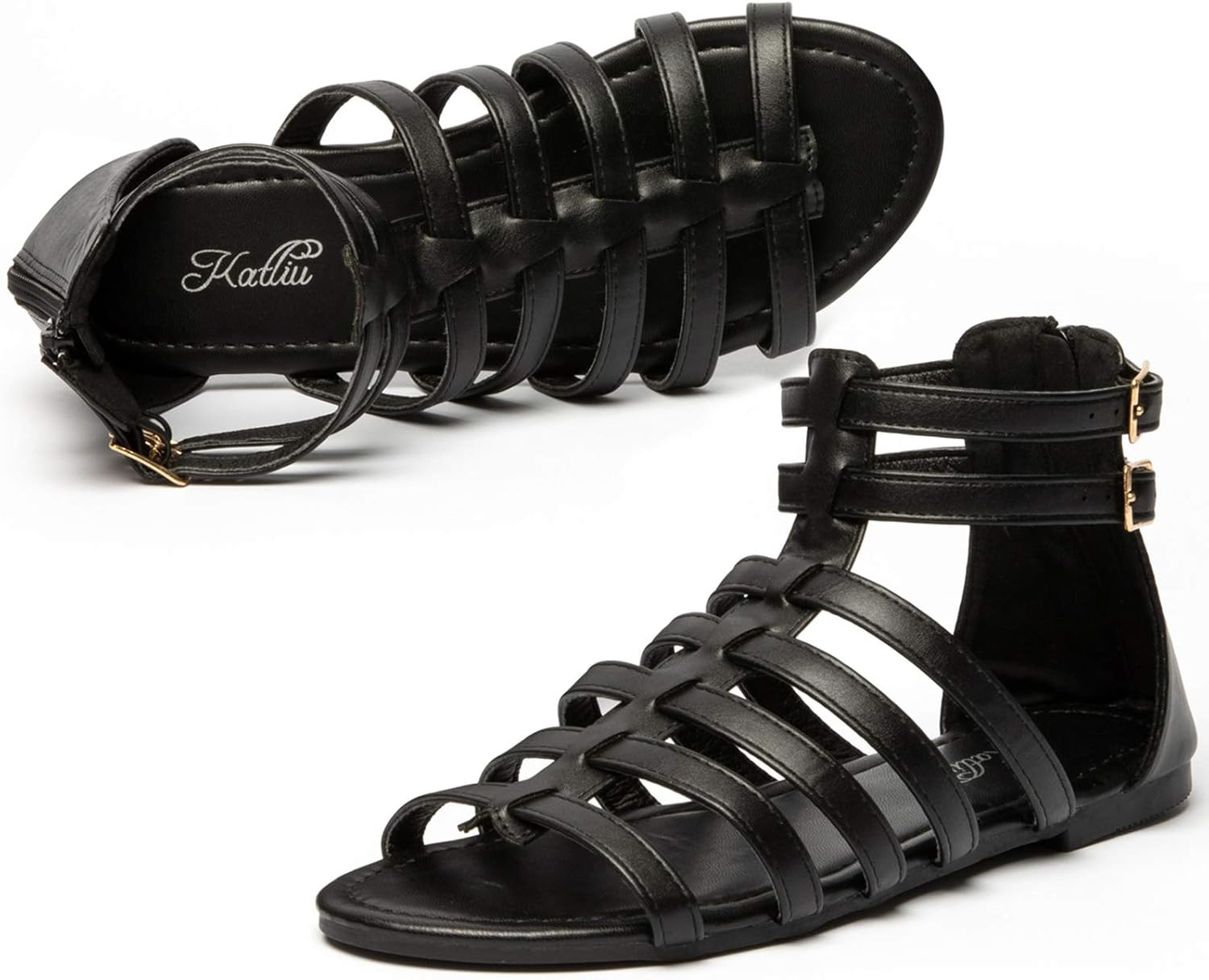 katliu Women's Gladiator Sandal Flat Strap Sandals Two Ankle Buckle | Amazon (US)