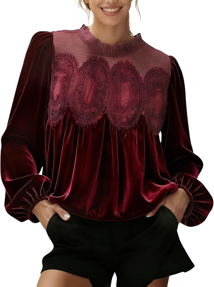 Gozoloma Women's Long Sleeve Velvet Trim Lace Blouse Elegant Flared Swing Top Round Neck Blouse C... | Amazon (US)