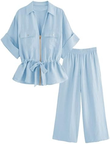 Mingzhu Women's 2 Piece Linen Outfits Short Sleeve Zipper Drawstring Waist Safari Shirts Wide Leg... | Amazon (US)