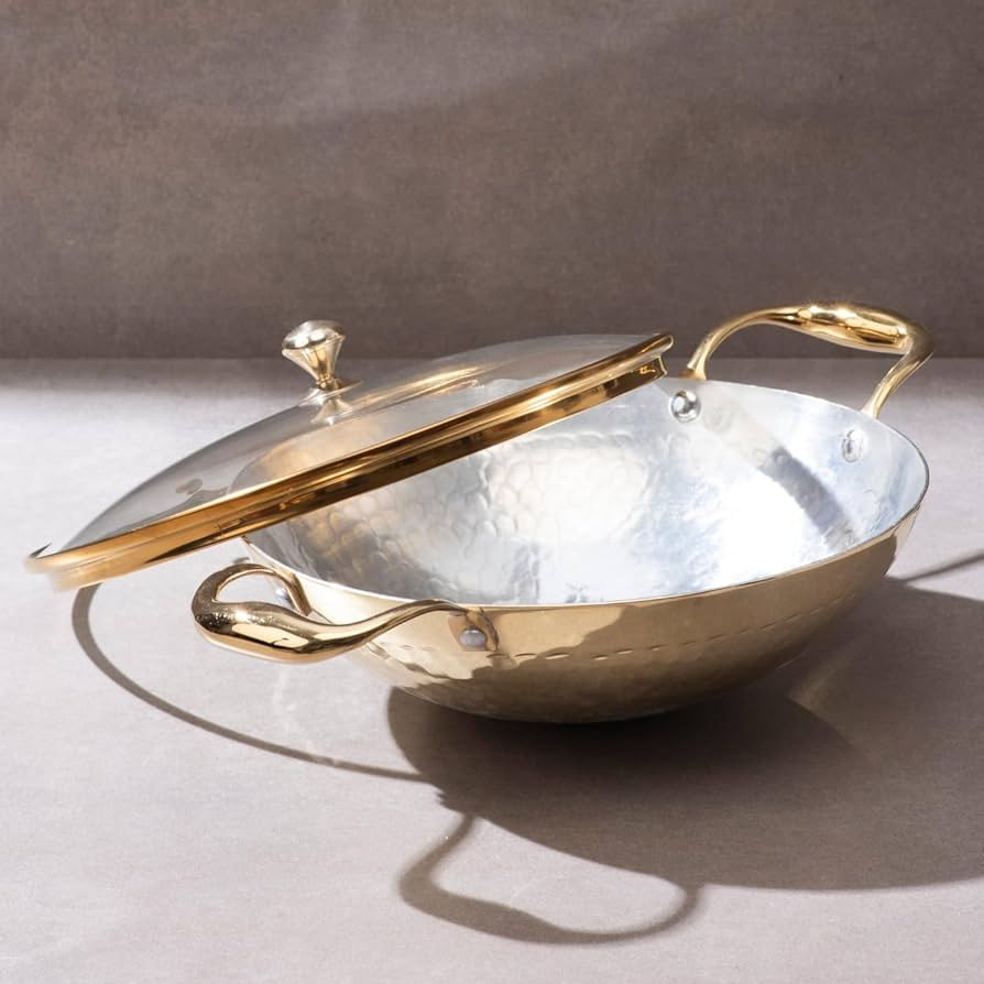 P-TAL Brass Kadhai 1.5L with Insulated Heat-Resistant Handle and Glass Lid | 100% Pure Brass Tin ... | Amazon (US)