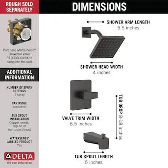 Delta Modern Matte Black 1-handle Single Function Square Bathtub and Shower Faucet | Lowe's