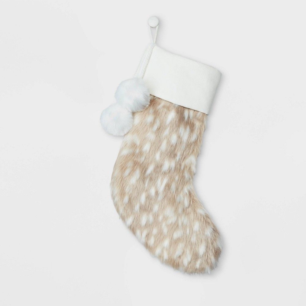 Deer Look Faux Fur Christmas Stocking with Pom Poms - Wondershop | Target