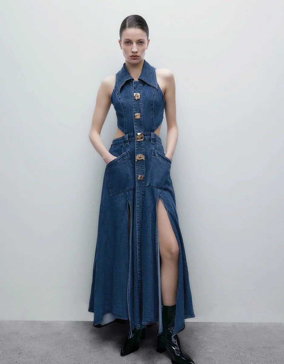 Cut-Out Sleeveless Lapel Denim Dress | Urban Revivo