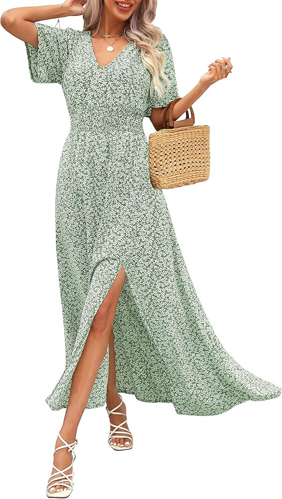 Kranda Women 2023 Summer Deep V Neck High Waist Short Sleeve Casual Long Boho Floral Swing Flowy ... | Amazon (US)