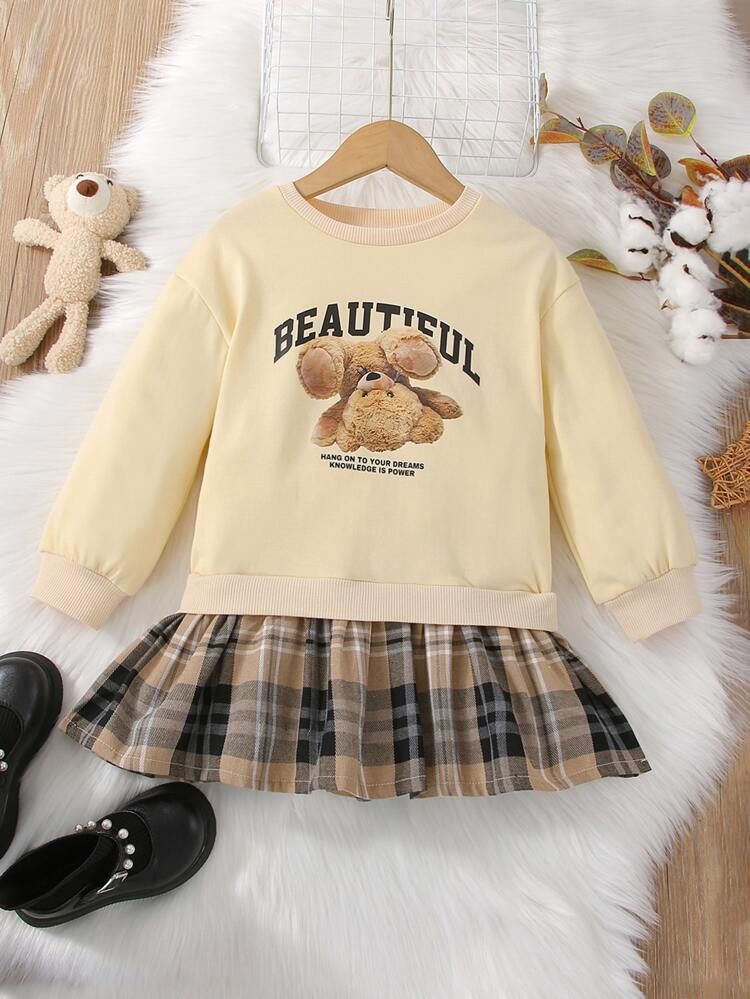 Toddler Girls Bear & Letter Graphic Contrast Plaid Hem Sweatshirt Dress | SHEIN