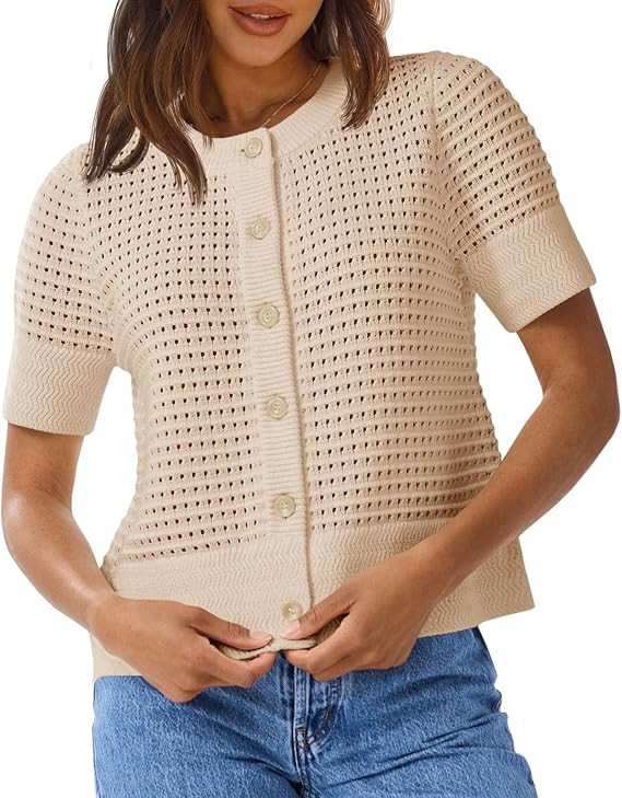 Saodimallsu Womens Crochet Short Sleeve Cardigans Button Up Crew Neck Summer Beach Knit Sweater T... | Amazon (US)