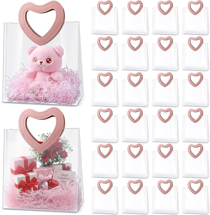 Tosstuki 24 Pcs Valentines Clear Gift Bag with Heart Handle and Ribbon 8.3 x 4.3 x 8.7 Inches Reu... | Amazon (US)