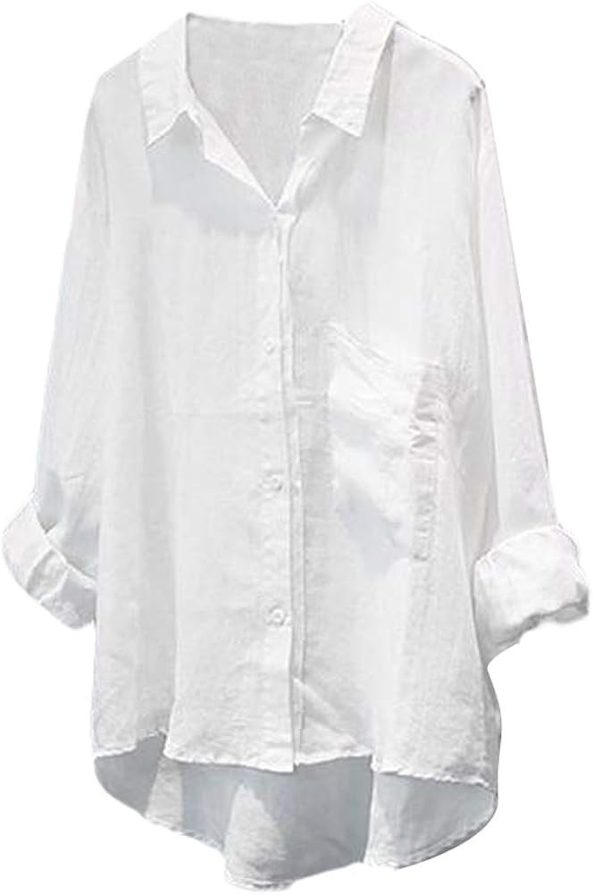 Minibee Women's Casual Cotton Linen Blouse Plus Size High Low Shirt Long Sleeve Tops | Amazon (US)
