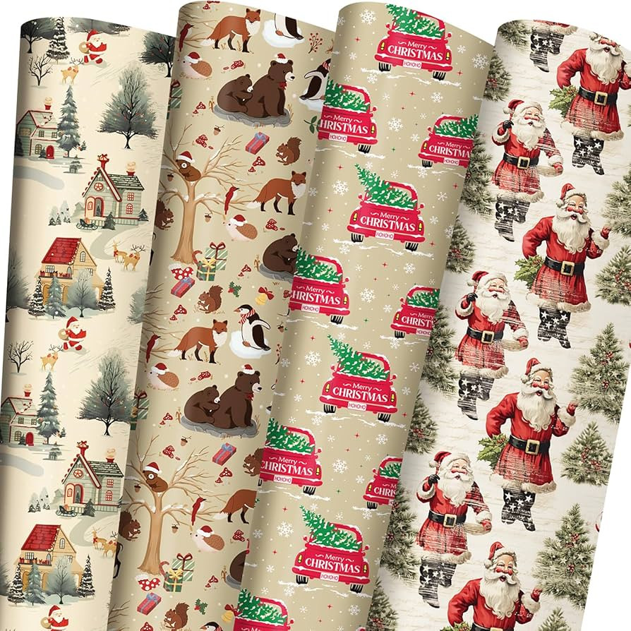 ZINTBIAL Vintage Christmas Wrapping Paper for Kids Adults - Xmas Wrapping Paper with Retro Santa,... | Amazon (US)