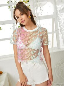 SHEIN Unity 3D Butterfly Applique Detail Sheer Mesh Top Without Bra SKU: sw2112225952511354(100+ ... | SHEIN