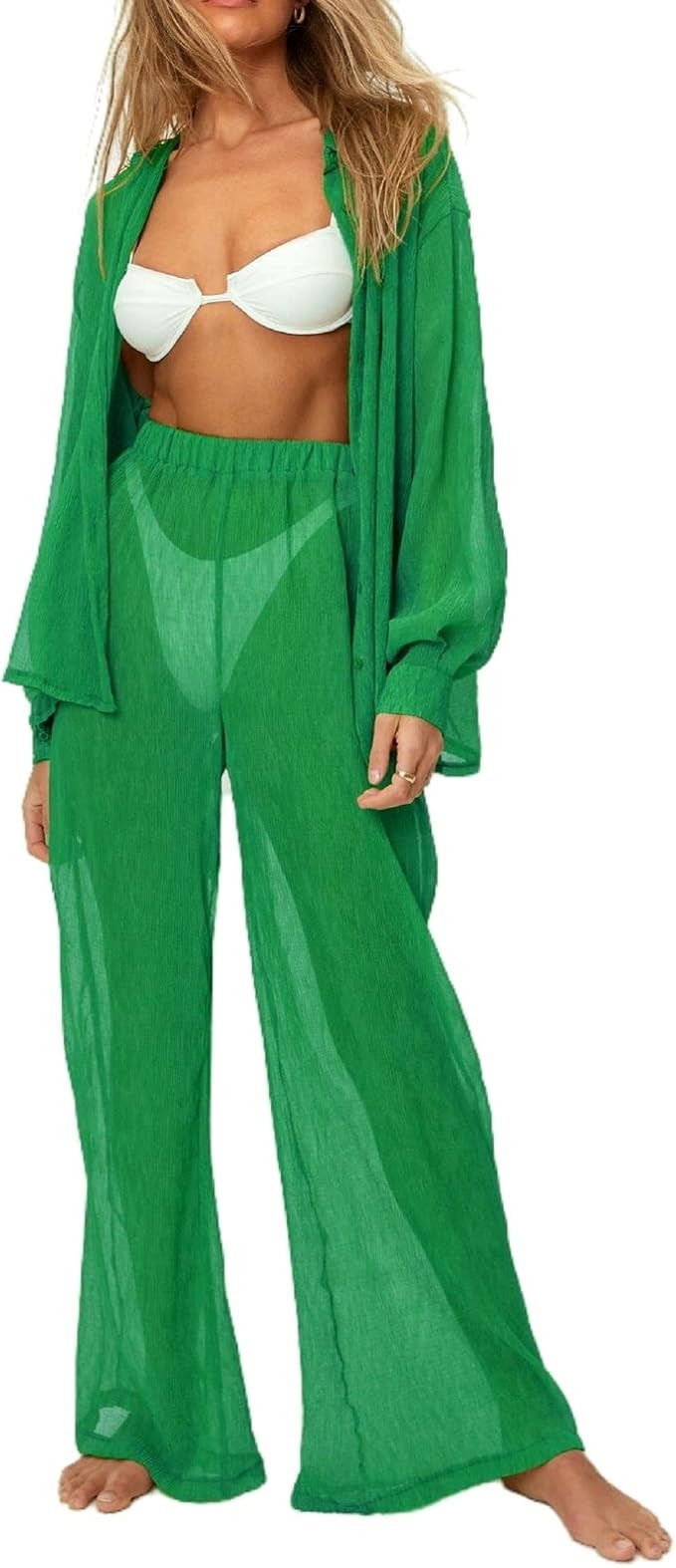 Y2K Women Two Pieces Muse Outfits Long Sleeve Button Down Shirt Wide Leg Casual Pants 90s Solid B... | Amazon (US)