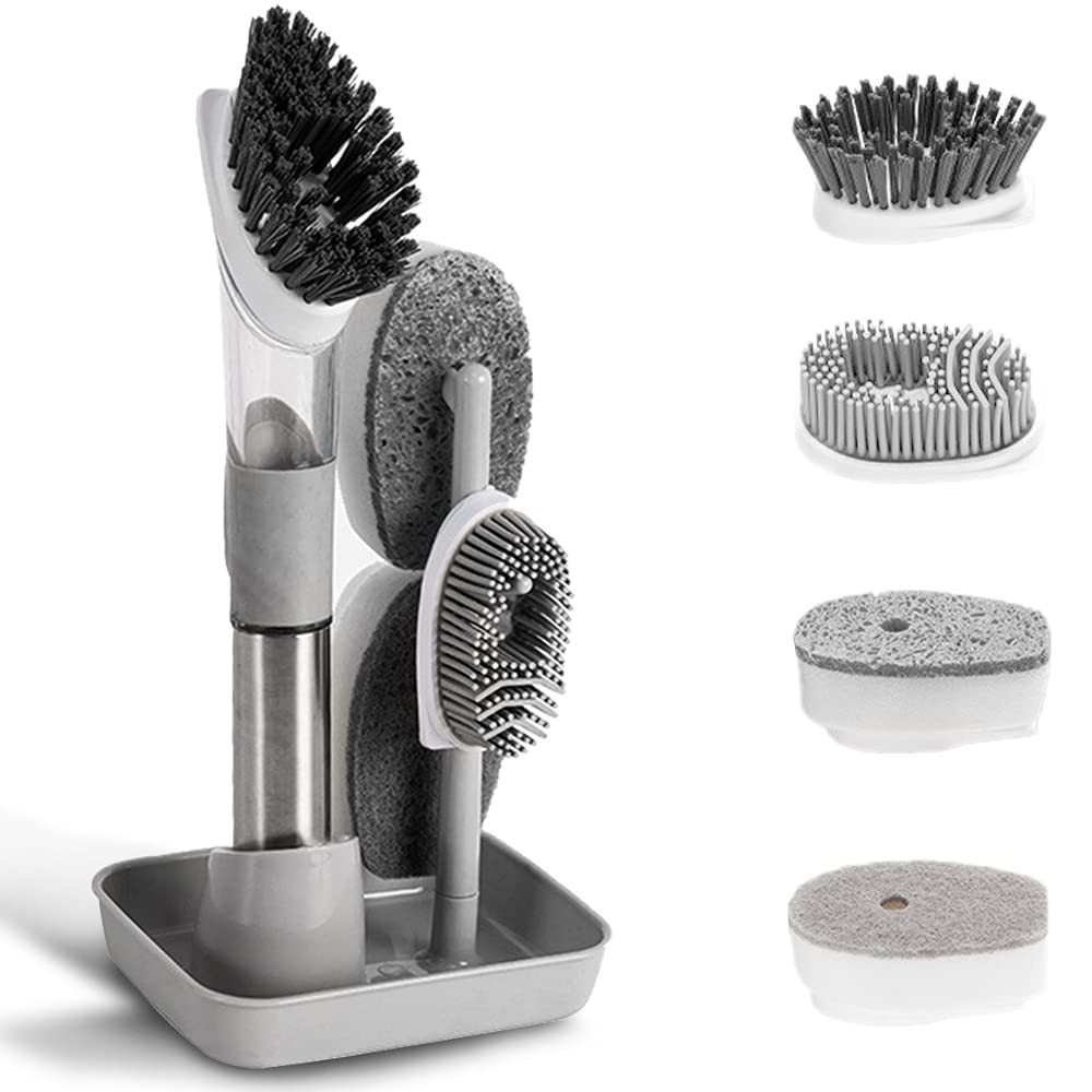 4-in-1 Dish Cleaning Brush Soap Dispensing Dish Brush Set with 4 Replacement Heads and Storage Ho... | Amazon (US)