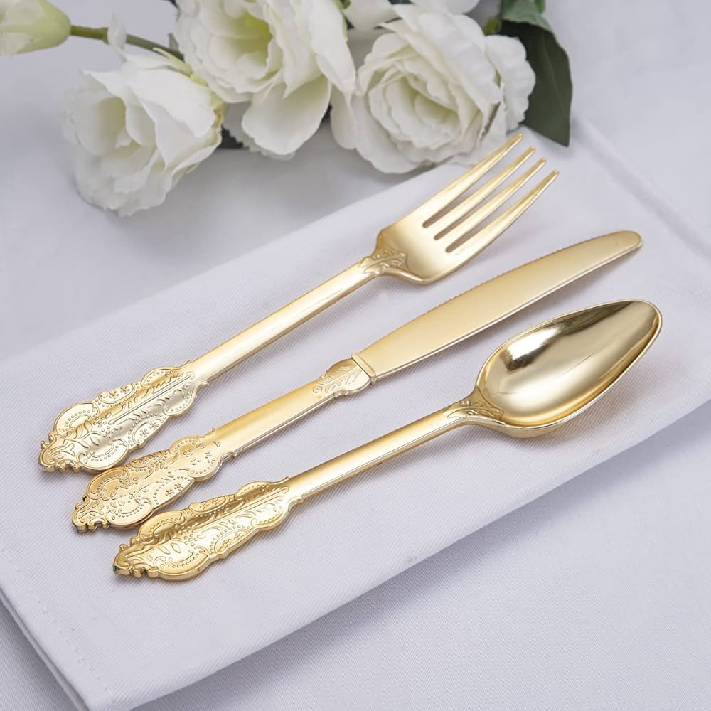 NOCCUR 180PCS Gold Plastic Silverware-Gold Plastic Cutlery-Gold Plastic Utensils-60 Plastic Forks... | Amazon (US)